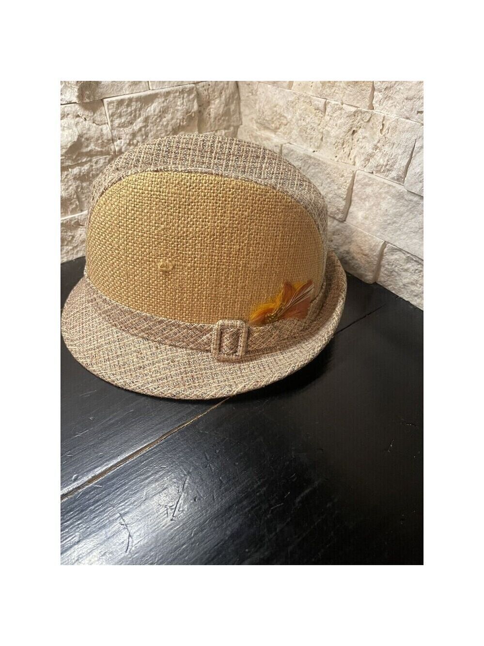 Resistol Self-Conforming Beige Straw Fedora 7 1/8 Vintage Orange Feather